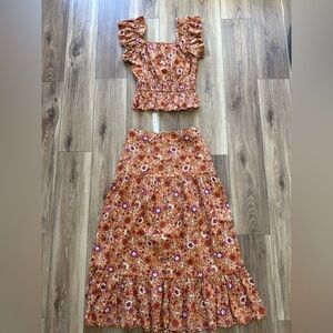 Luna Moon womens Floral Orange blouse and Skirt Set size medium NWT
